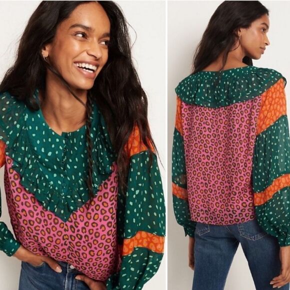 FARM RIO Anthropologie Renee Balloon Sleeve Henley Button Peasant Boho Blouse XS - Picture 1 of 15